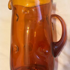 Vintage Amber Hand-Blown Glass Pitcher with Applied Dots & Handle